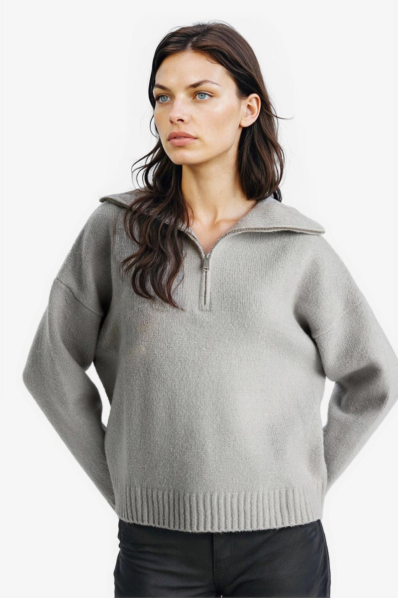 DeFacto Grey Woman Oversize Fit Half Zip Collar Knit Pullover Casual - Image 1